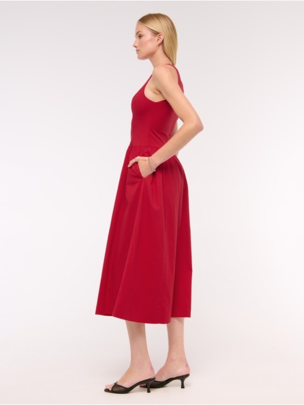 Abercrombie & Fitch - High-Neck Drop-Waist Midi Dress - Vivid Red - Picture 3 of 8